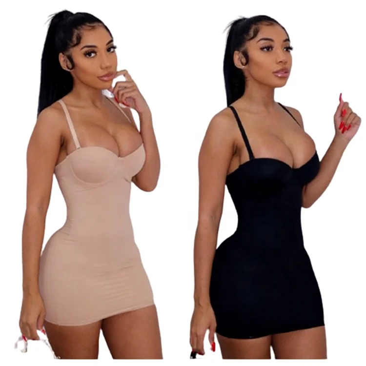 

2022 Summer Sexy Padded Cup Spaghetti Strap Plain Bodycon Mini Dress Woman