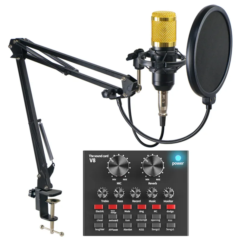 

BM800 bm 800 Studio Condenser Microphone Bundle V8 Sound Card set for webcast live Studio Recording Singing Broadcasting bm-800, Black+silver+gold