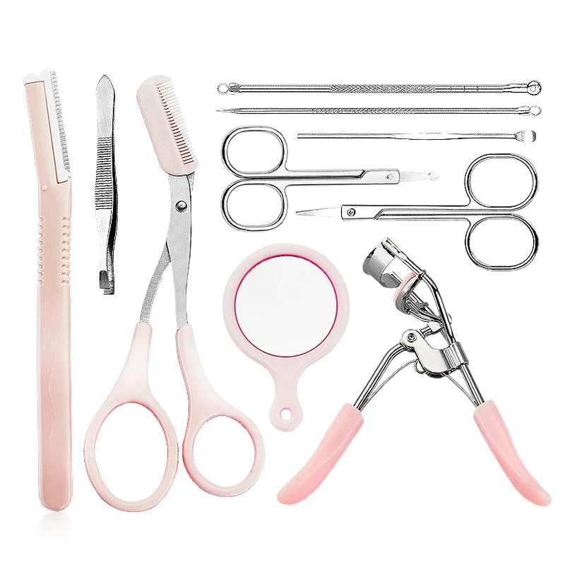

10 in 1 Eyebrow Shaping Tool Eyebrow Knife Eyelash Curler Manicure Scissors Cosmetic Set, Pink