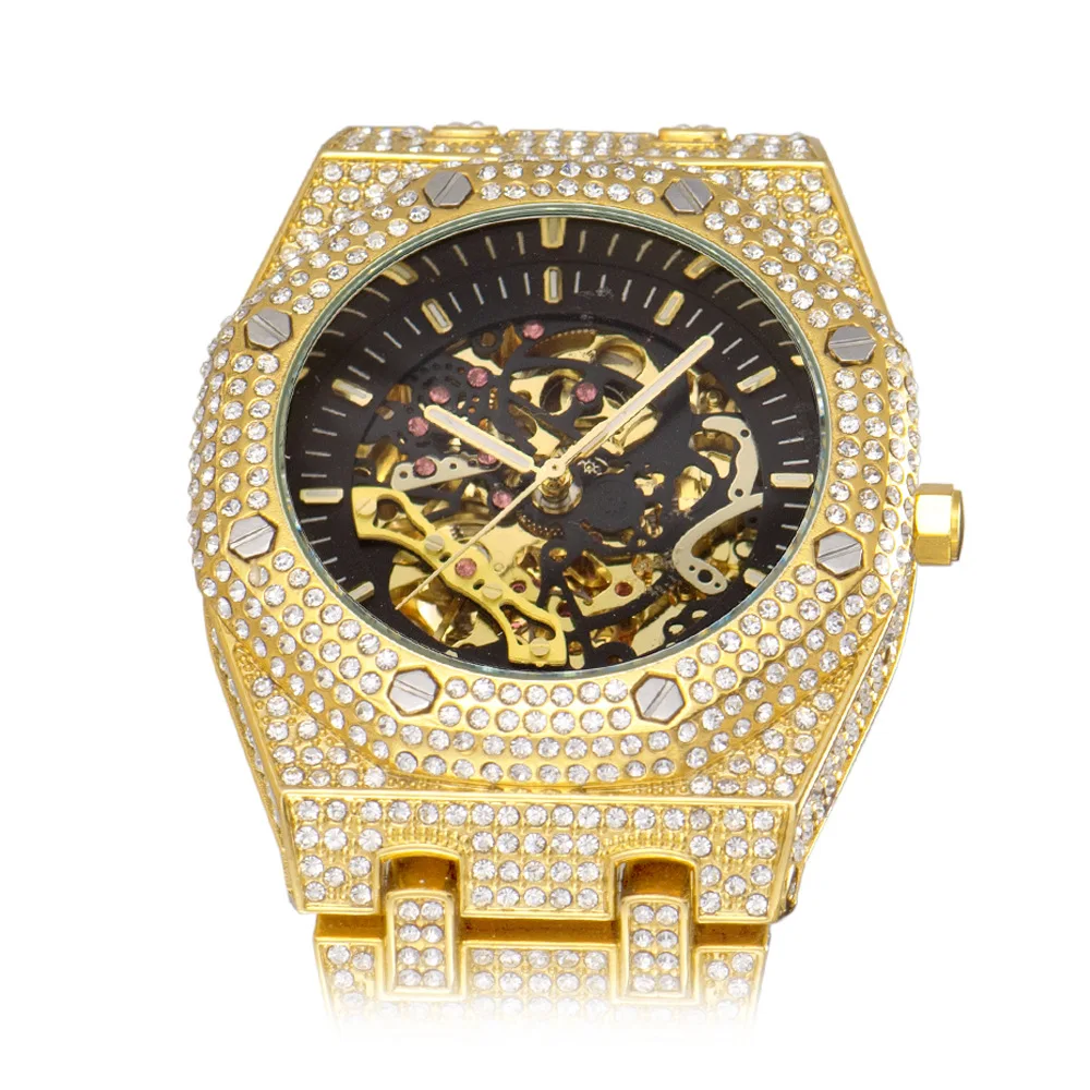 

2021 New Mechanical Watches HIP HOP Iced Out Rhinestones Quartz Watches Mens Luxury Automatic Stainless Steel Male Watch