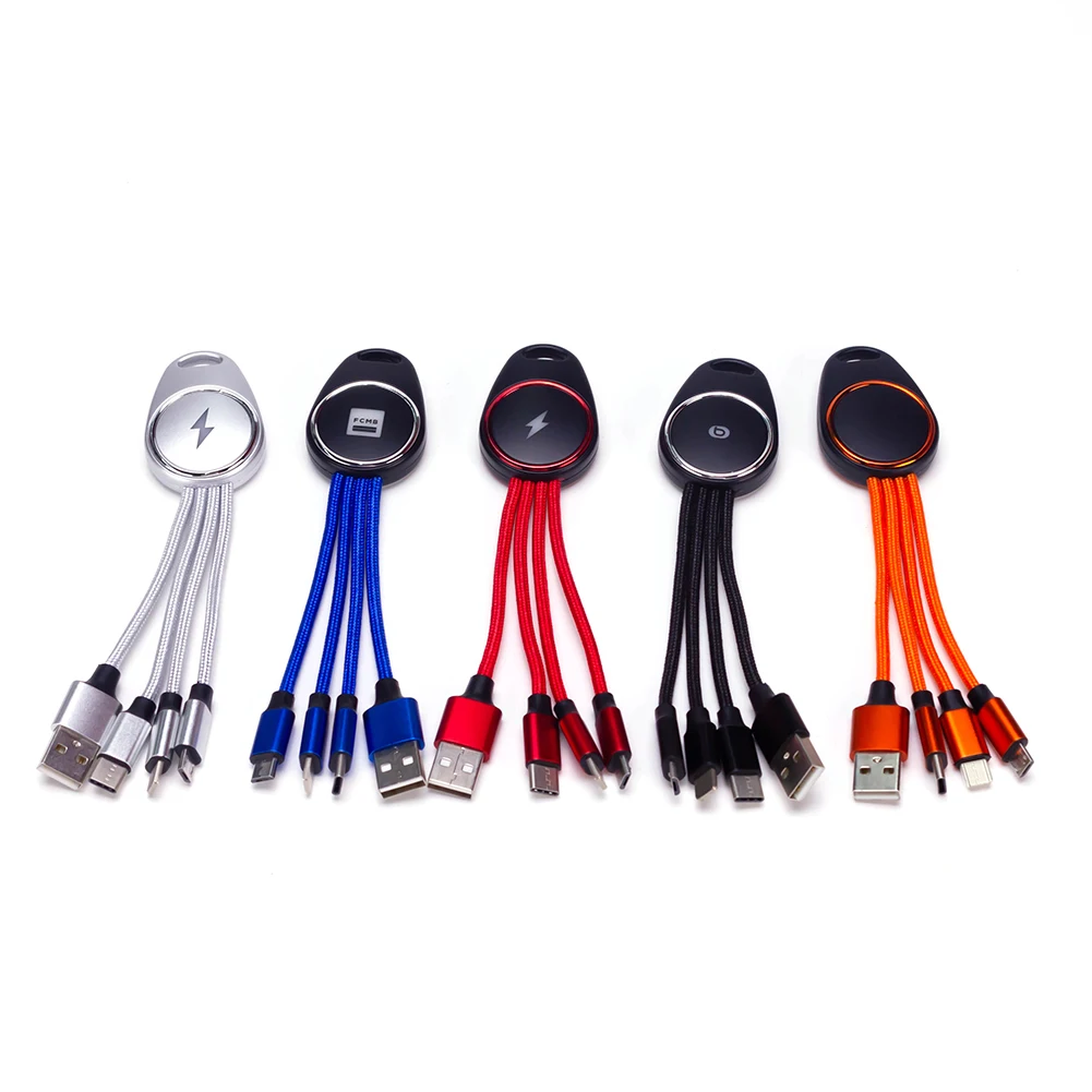 

2021 Promotional CE&ROHS Keychain USB LED Logo Fast Charging Multi Charger Cable 4 in 1 For IOS&Micro&Type-C, Black, red, blue, orange, silver