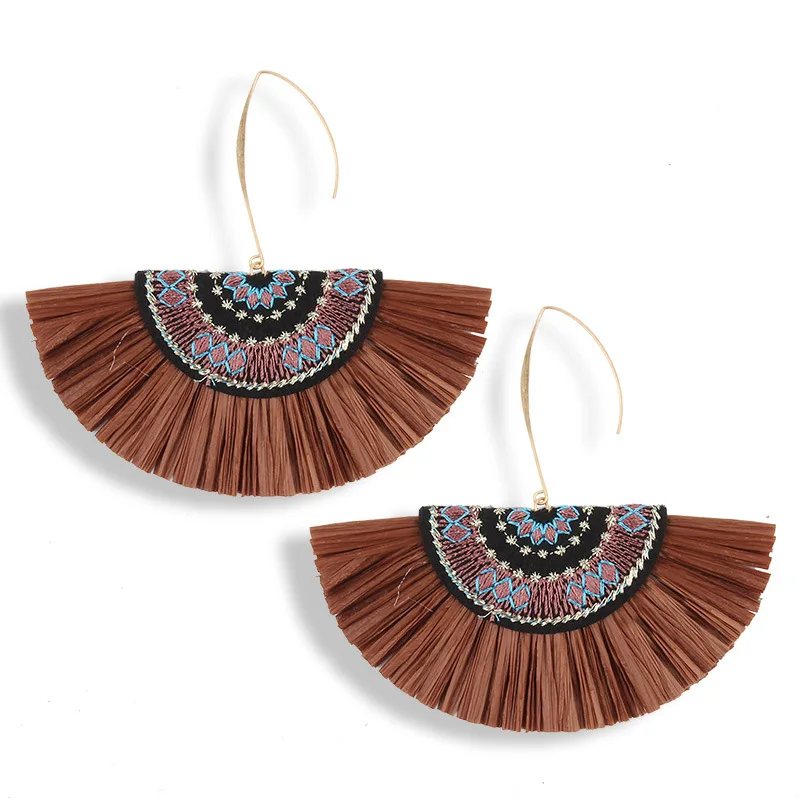 

Personalized Ethnic Bohemian Lafite Tassel Earring Boho Fan Shape Tassel Hoop Earring, As picture shows