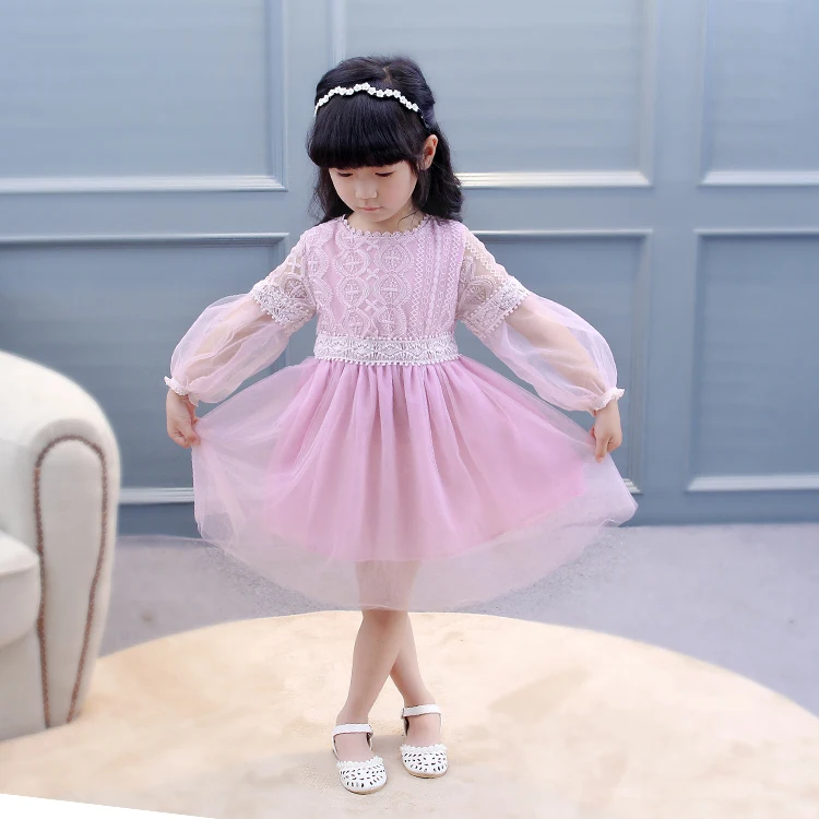 

Spring Autumn girls smocked dress puff long sleeve princess cotton children frocks designs for kids clothing, White pink