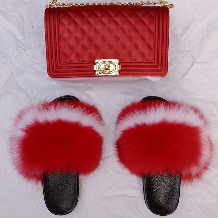 

Custom fur slide and purse set jelly purse and fur slippers sets, Customized color