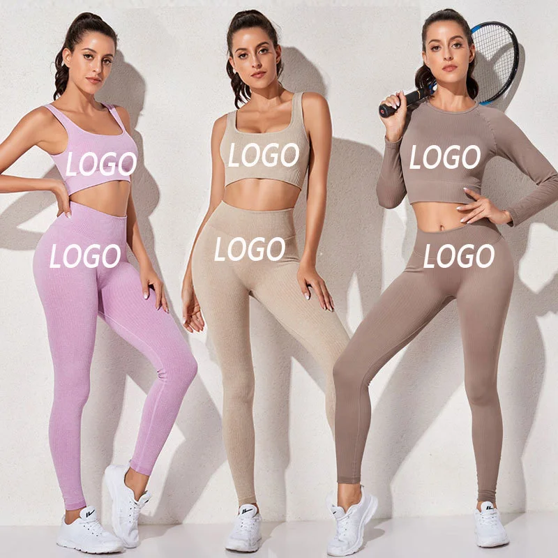 

Rib Long Sleeve Gym Yoga Set High Waist Ribbed Seemless Ropa Yoga Set, As shown