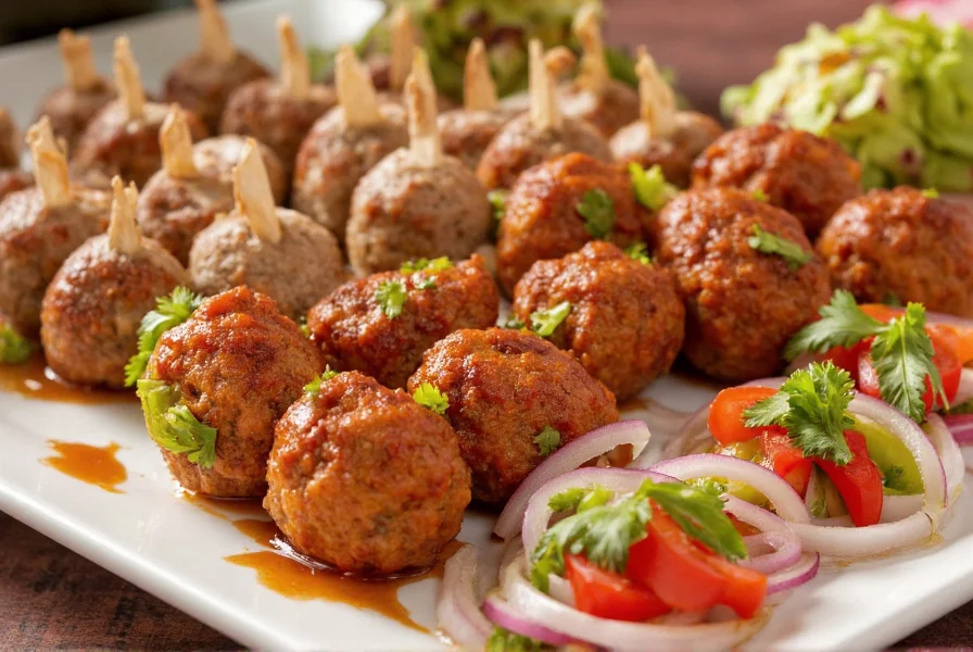 Assorted meatball appetizers on serving platter with garnishes