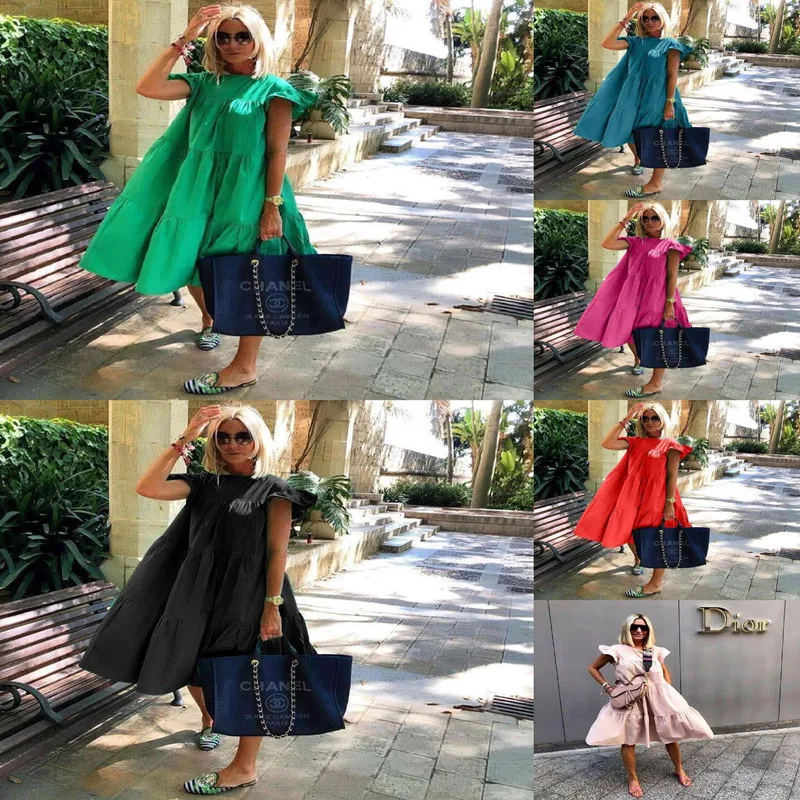 

2021 Amazon High Quality foreign trade cross-border explosion models women's loose pleated short-sleeved dress, As pictures