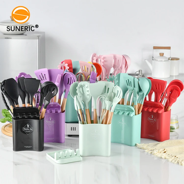 

Wholesale 13 pieces set tools wood handle silicone spoons kitchen utensils for cooking
