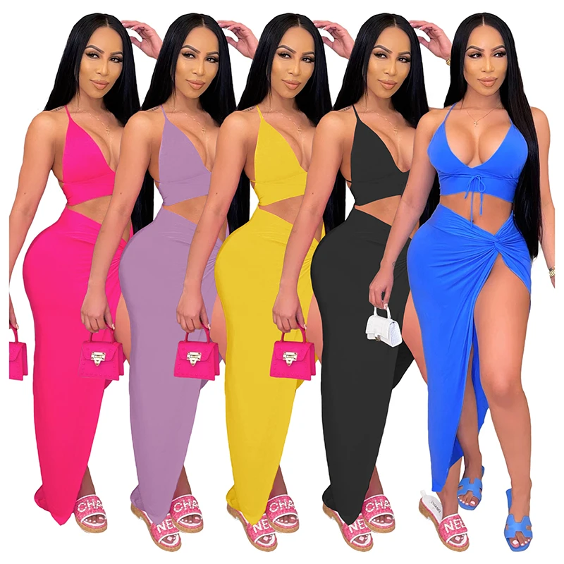

2021 Ladies Fashion Clothing Sexy Summer Wear Two Piece Skirt Set Women Fashionable Casual Sexy Halter Two Pieces Dress, As show