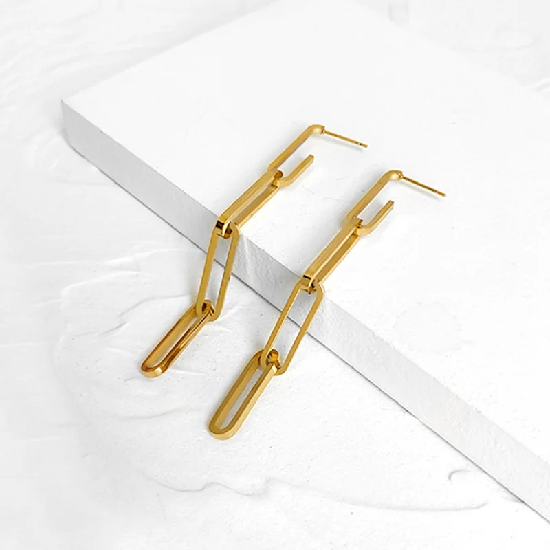 

Hot selling High Quality Stainless Steel Real 18K God Plated Rectangle Statement Long Chain Paperclip Hanging Earrings
