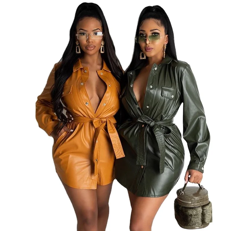 

PU Leather Dress Plus Size Long Sleeve Lapel Waist Dress for Women'S Clothing XQM