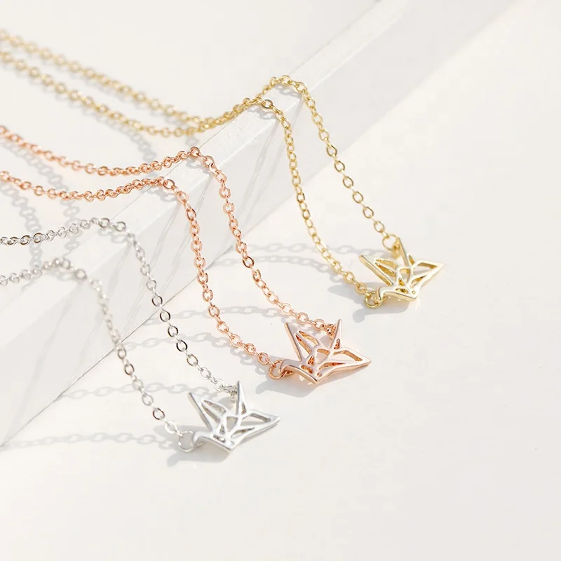 

QIANZUYIN Simple Design Paper Crane Charm Choker Origami Necklace For Women, Gold color, silver color