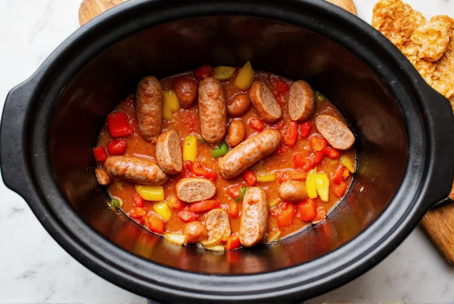 Slow cooker filled with sliced Italian sausage, colorful bell peppers, and onions in rich tomato sauce
