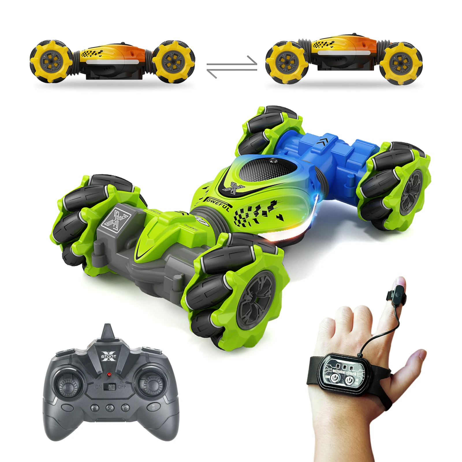 

Mini RC Stunt Car with Gesture Control Watch Sensor Hand Induction LED and Music Twisted Car Drift Vehicle RC Car Toys Gift, Yellow/green