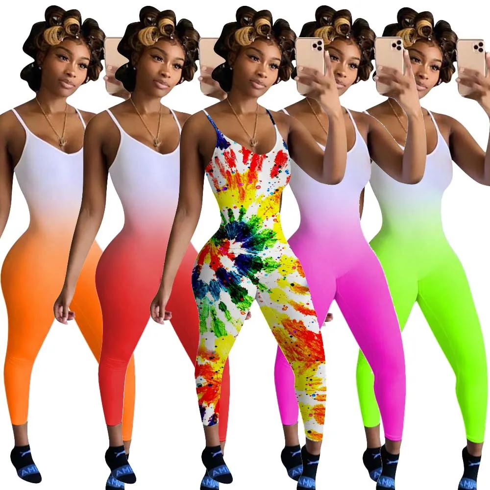 

Rainbow Graduated Color Women Jumpsuit Sleeveless Sexy Spaghetti Strap Romper Bodycon Pencil Long Pants V-neck Streetwear