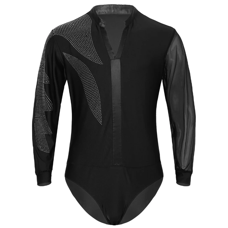 

iEFiEL Men's Long Sleeve Latin Dance Shirts Mens Shiny Rhinestones Leotard Bodysuit Stage Latin Dance Costume Dancewear