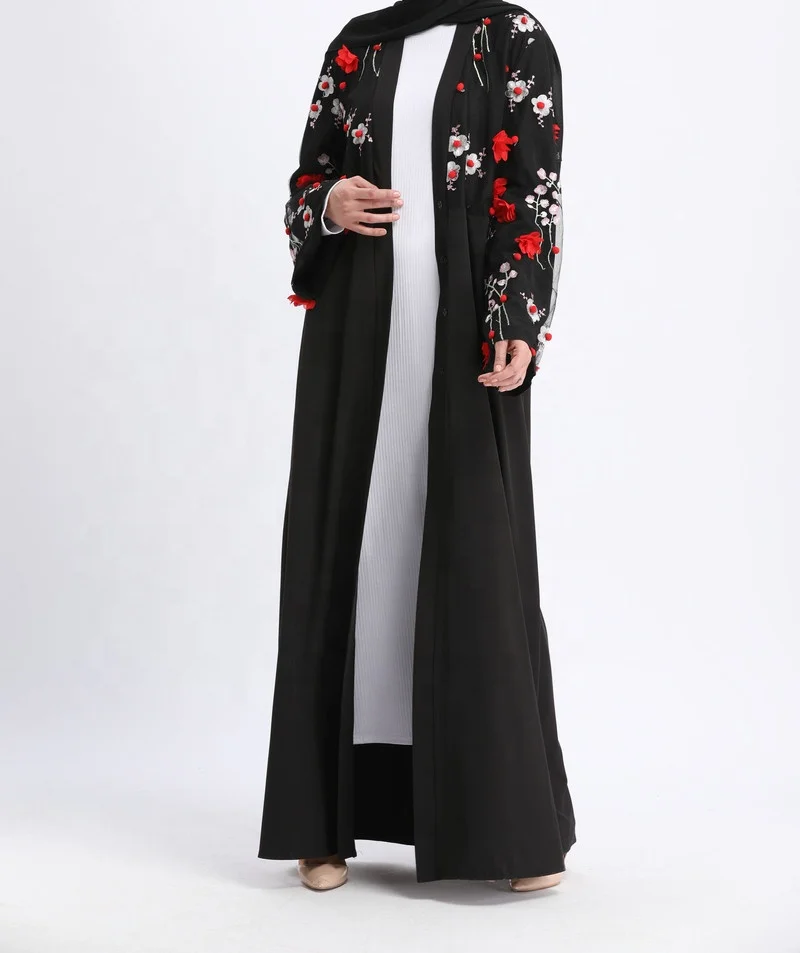 

Middle East Islamic Turkish Long Tunic FREE SHIPPING Flower Pattern Front Open Abaya With Belt Muslim Dresses For Women, Black.pink.white.gray