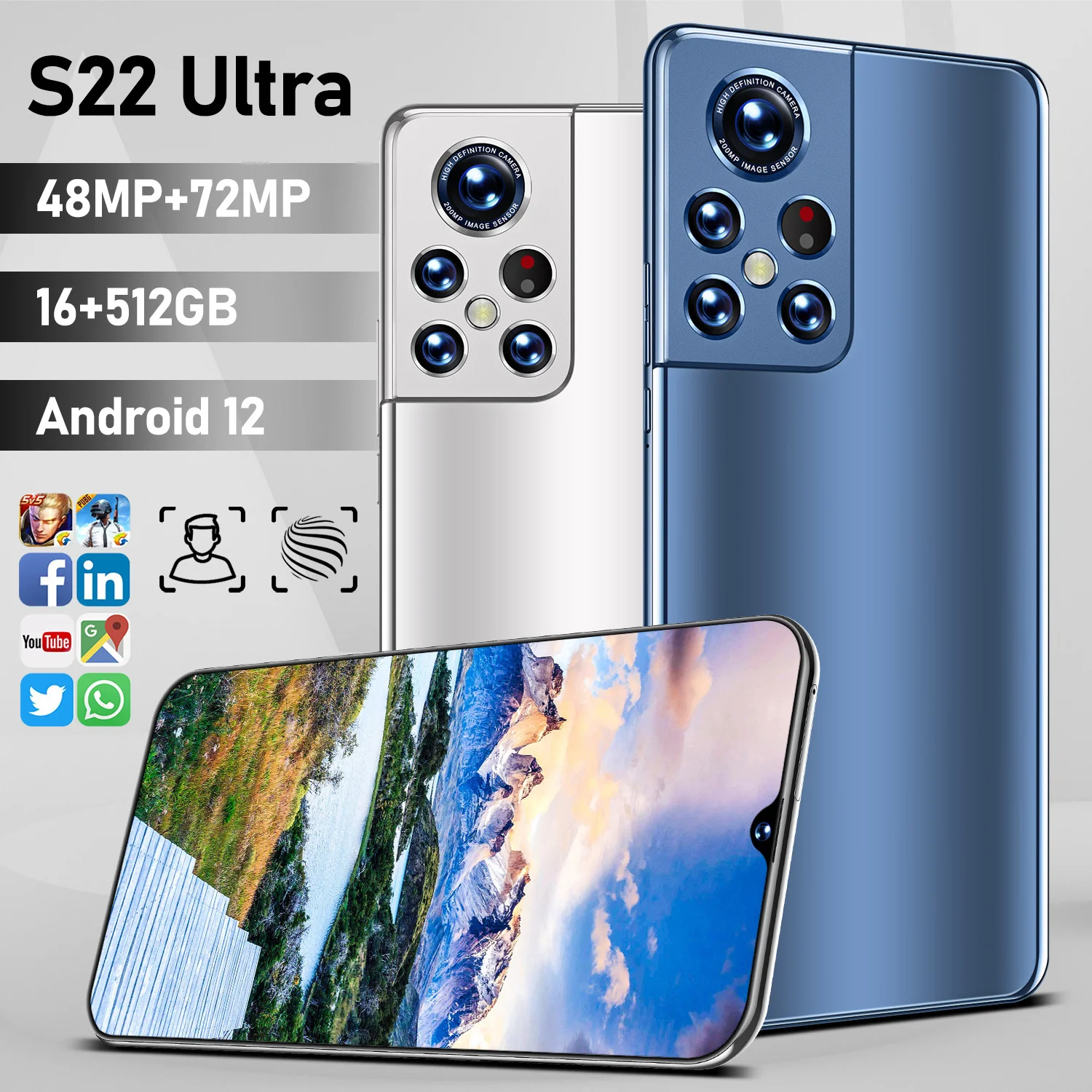

5G Smartphone S22 Ultra 6.9 inch Full Screen 16+512GB Android Mobile Phones With Face ID Original Unlocked Cell Phone