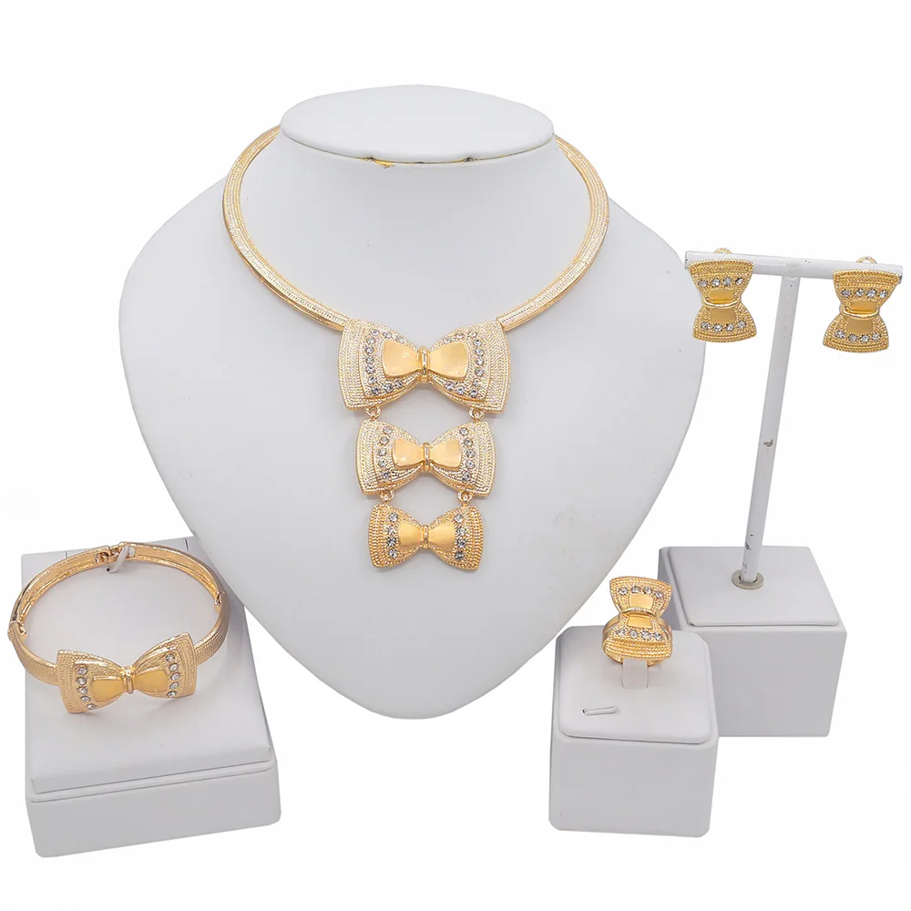 

Vintage Bowknot Pendant Diamond Collar Gold Plated Necklace Xo Jewelry Set Brazilian Bridal Wedding Bracelet Women Jewellery Set