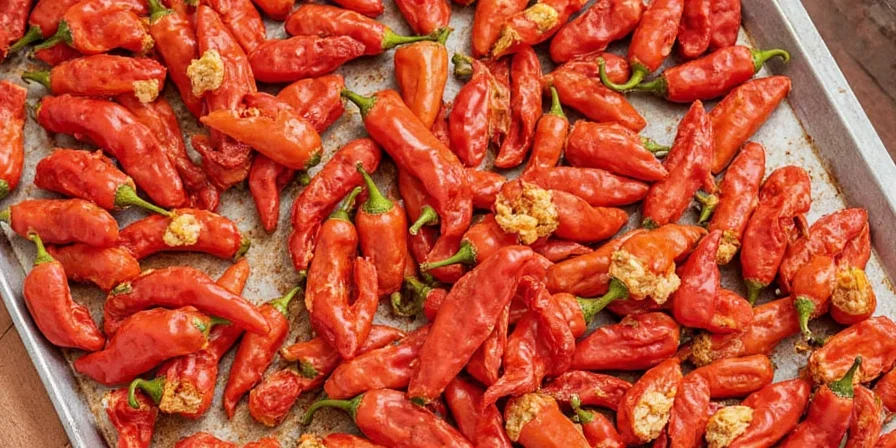 Peppers laid out on baking sheet inside oven