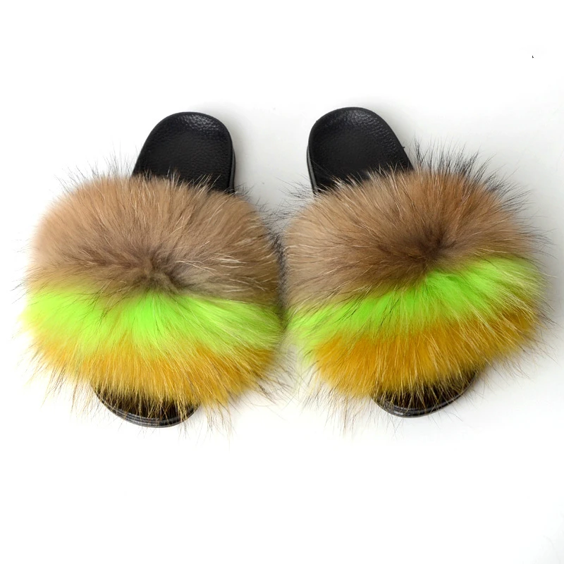 

wholesale summer fashion big fluffy slippers high quality big racoon women fur slides