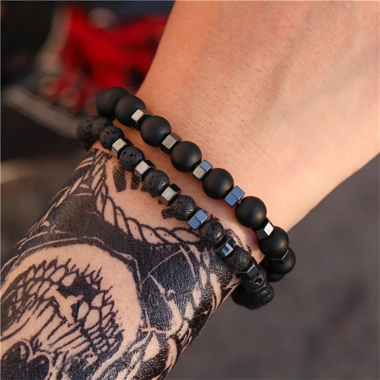 

Black Frosted Lava Volcanic Stone Wear Black Gallstone Beads Elastic Bracelet Set Bracelet Men, Picture shows