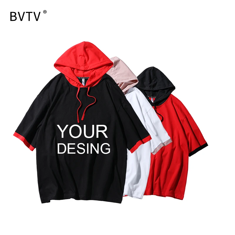 

custom hip hop t-shirt men Printing hooded casual short sleeve t shirt with cap