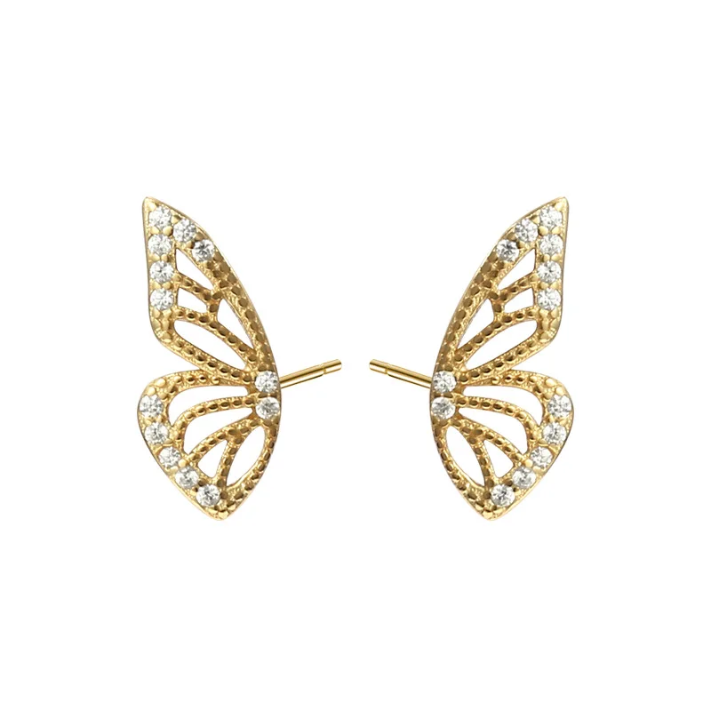 

925 Sterling Silver Real Gold Plated CZ Zircon Butterfly Stud Earrings S925 Half Wing Butterfly Earring