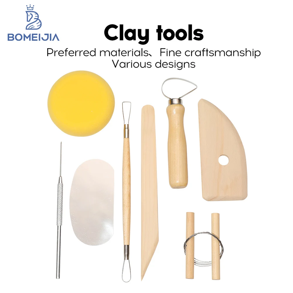 BOMEIJIA 8PCS Clay Sculpting Tool Wooden Handle Pottery Carving Tool Kit Essential Ceramic Clay Tools for Beginner