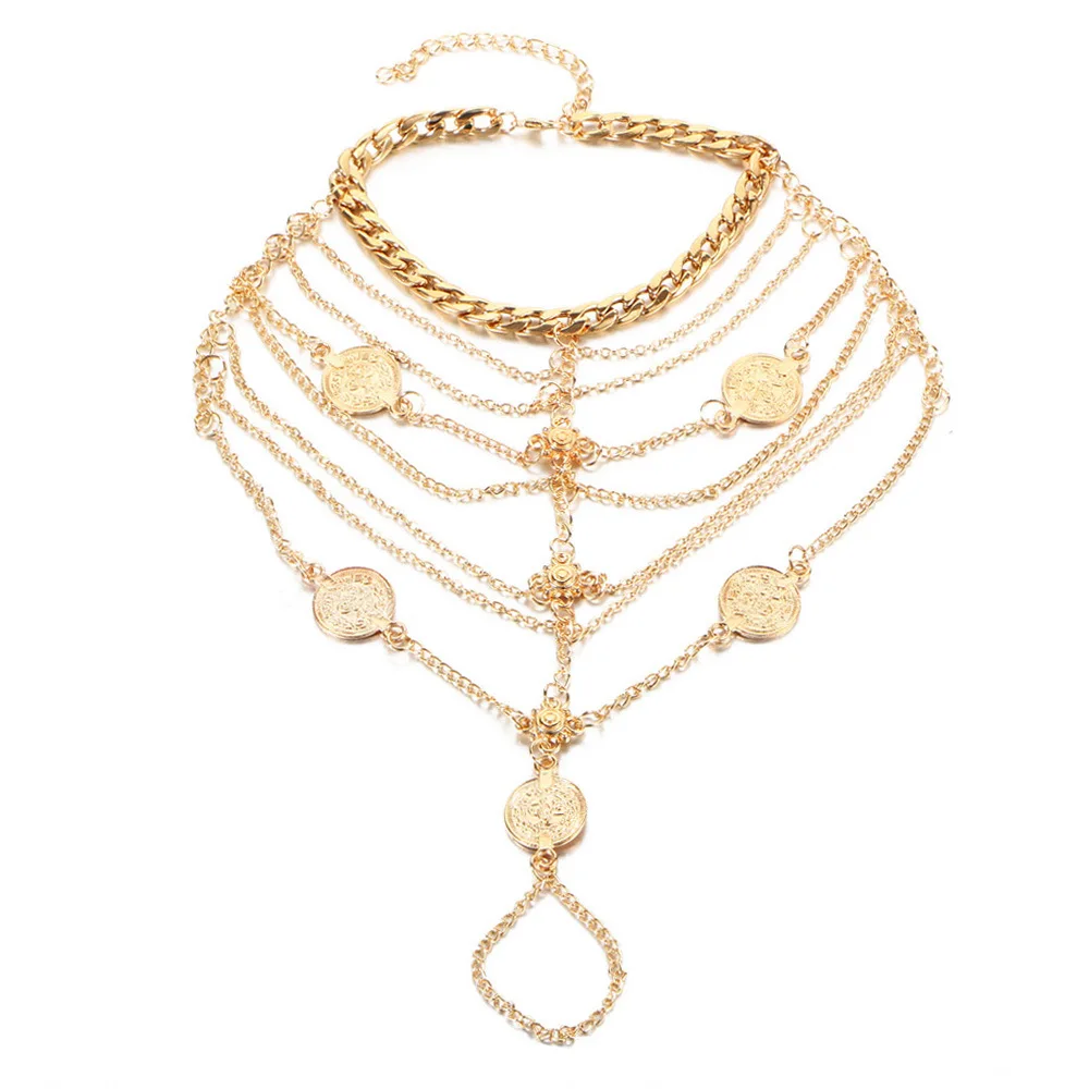 

European and American Jewelry Bohemian Punk Retro Metal Anklet Multilayer Chain Tassel Coin Anklet, 2 colors