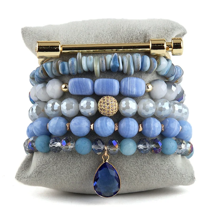 

New Blue Natural Stone Beaded Jewelry Crystal Pave Women Handmade Screw Alloy Leaf Bangle Chip Stone 6 pcs Stack Bracelets Set