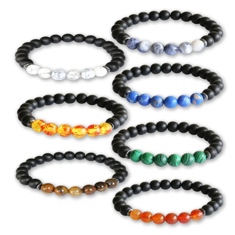 

Promotional Men Women Black Obsidian Natural Stone Beads Bracelets Healing Colorful Agate 7 Chakra Beaded Bracelet