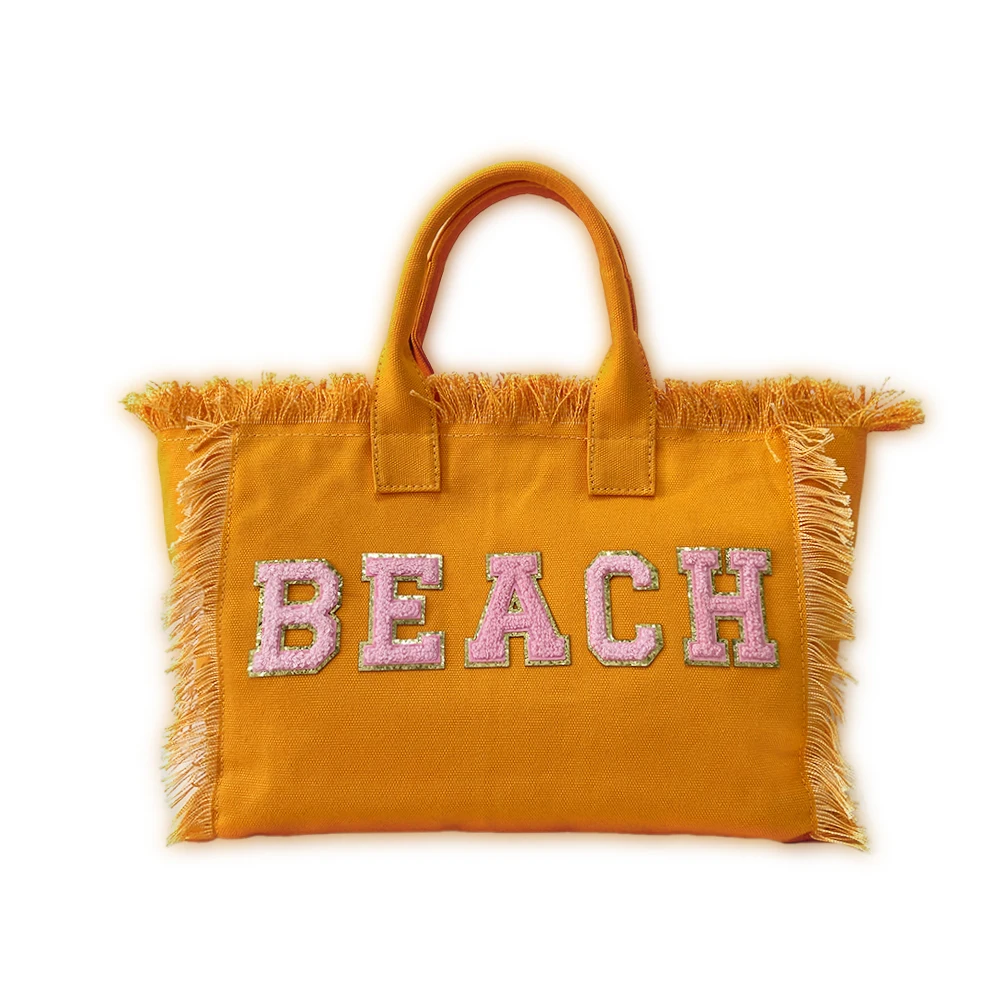 

Yellow Canvas Fringe Tassel Casual Hand Bags Tote Bag OEM For Summer Beach Bags 2021 Women With One Free Strap, 9 colors option