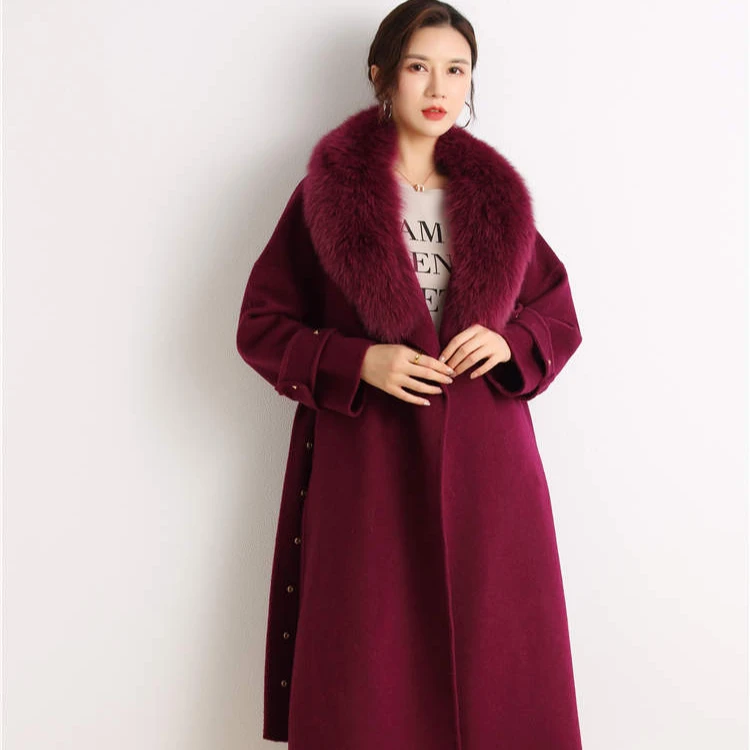 

High Quality And Fashion Style Wool Trench Coat Women Mesh Coat With Fur Collar Outer Trench Coat Long, Fuchsia