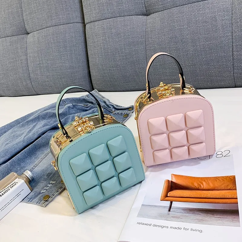 

luxury Female Travel Cross Body Bag metal square chain box bag lady pu leather handbags for women