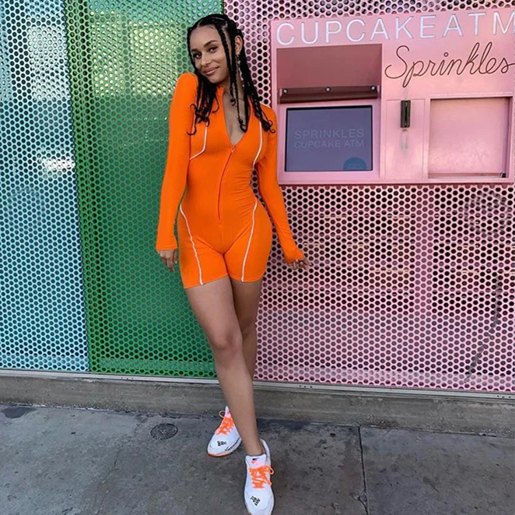 Reflective Zipper Up Long Sleeve Stand Collar Rompers For Women