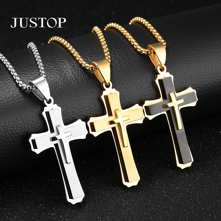 

Top Quality Stainless Steel Gold Cross Pendant 3 Layers Jesus Mens Cross Necklace Pendant Hot Sell Prayer Church Jewelry