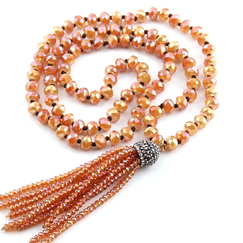 

Fashion Bohemian lady Tribal Jewelry Long knotted 5X8mm Crystal Glass beads Necklace Knotted Crystal Tassel Necklace