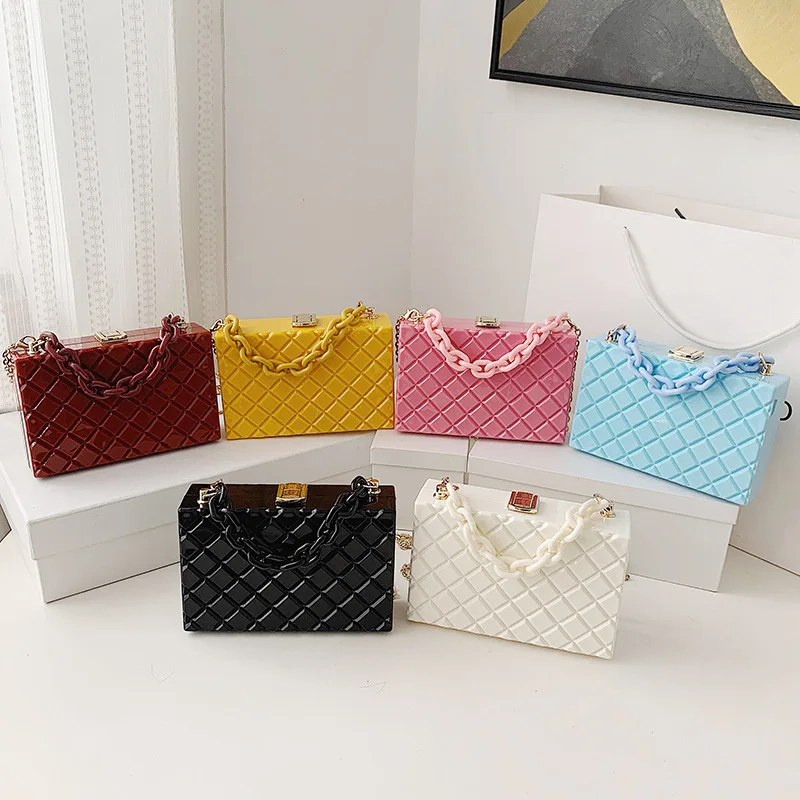 

Hot trendy candy color acrylic lattice ladies shoulder hand bags women clutch evening chain bag box purse crossbody, 7colors