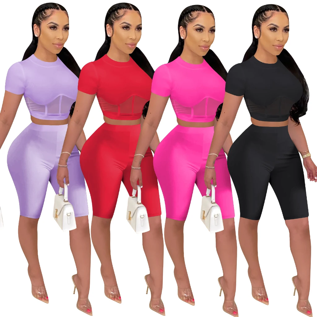 

2021 hot sell seamless sports crop top women two piece short set outfits women two pieces sets, As picture