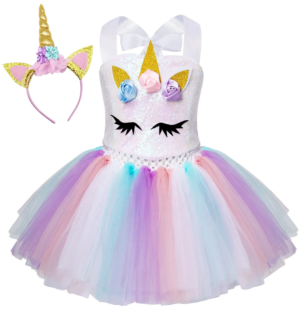 

Girls Unicorn Flower Tutu Dress Children Birthday Party Costume Kids Summer Carnival Clothing Baby 2-12 Year Dresses