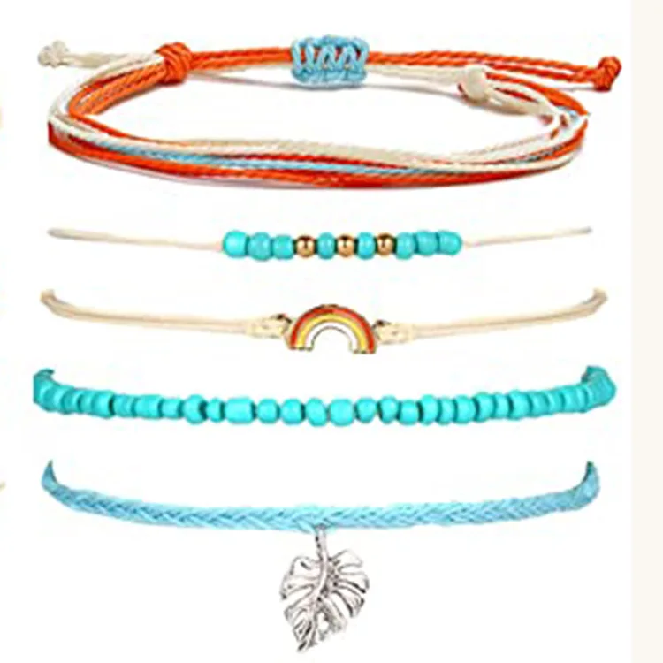 

Sandro 5 pieces set braided personality color string rice beads leaves rainbow bracelet anklet sets