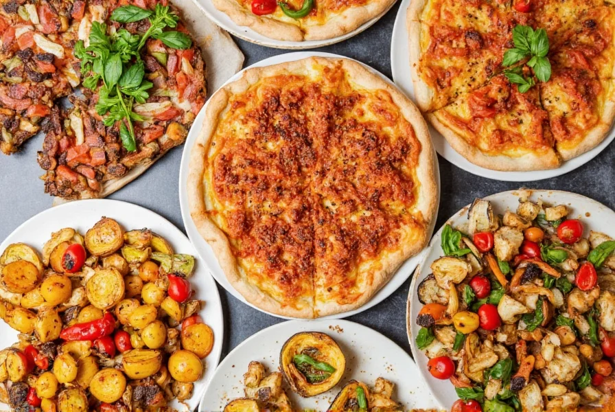 Various dishes featuring red chili flakes including pasta, pizza, and roasted vegetables