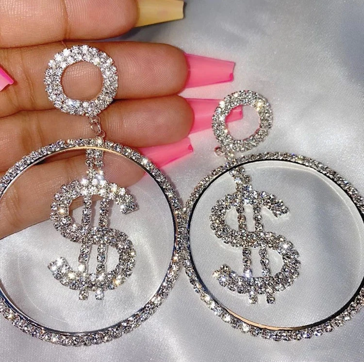 

KYYD-B162 New Design Exaggerated Big Round Earrings Rhinestone Earrings Ladies Dollar Sign Charms Earrings