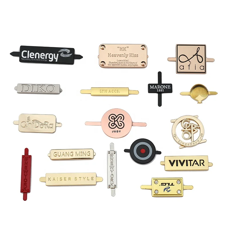 

Custom Brand Label Gold plated Zinc Alloy Logo Metal Label Plate Name Tags, Custom color