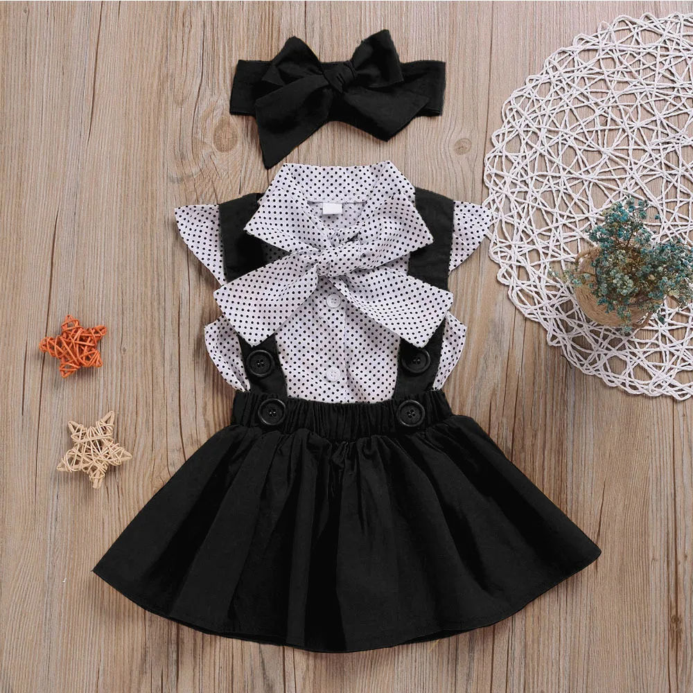 

Baby Girls Clothes Sets 2020 Summer Dot Flying Sleeve Shirt+Strap Dresses+Headband Kids Children's Clothing Suit, Picture shows