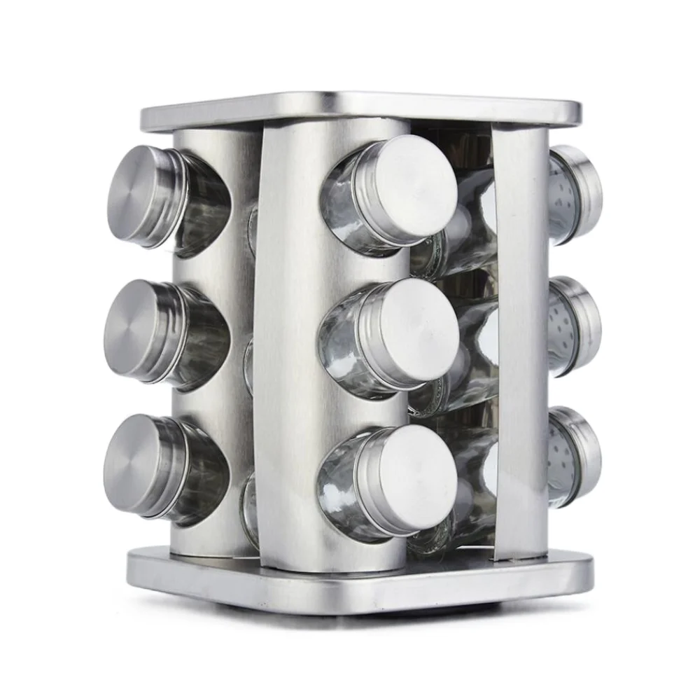 

CL023 12Pcs Stainless Steel Condiment Set 360 Rotating Spice Jar Rack Kitchen Cruet Bottle Coffee Sugar Seal Jar Container Rack, 3 colors
