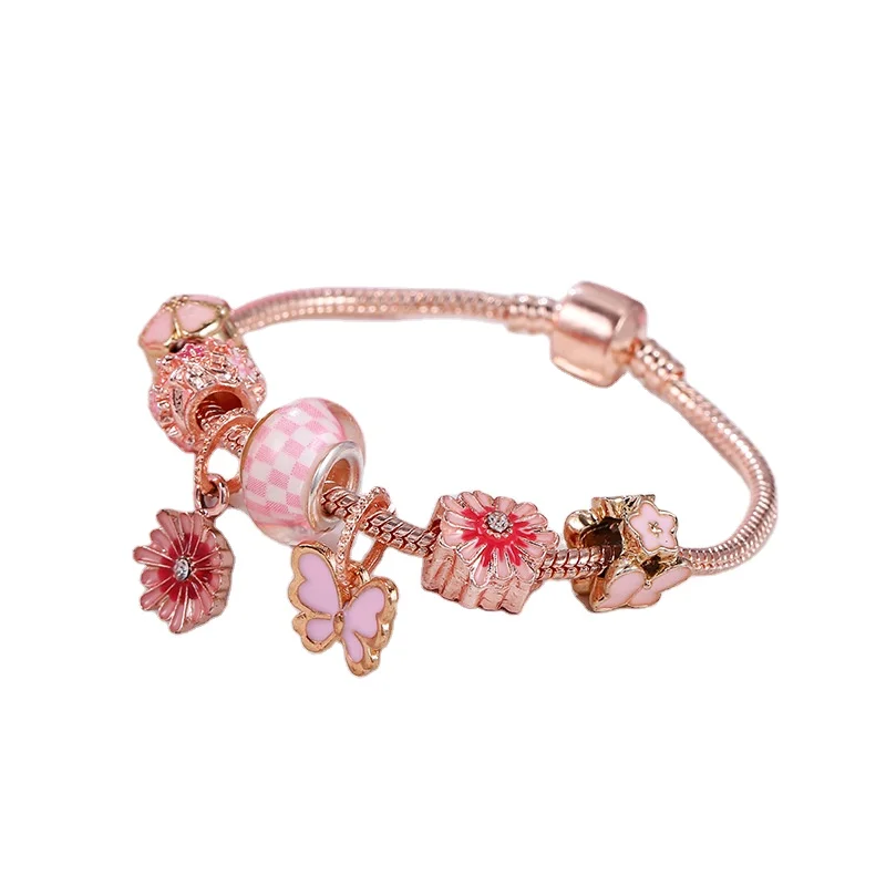 

European Style Delicate Pink Beaded Flower Charm Bracelet Rose Gold Plated Oil Drip Flower Butterfly Charm Pendant Bracelet