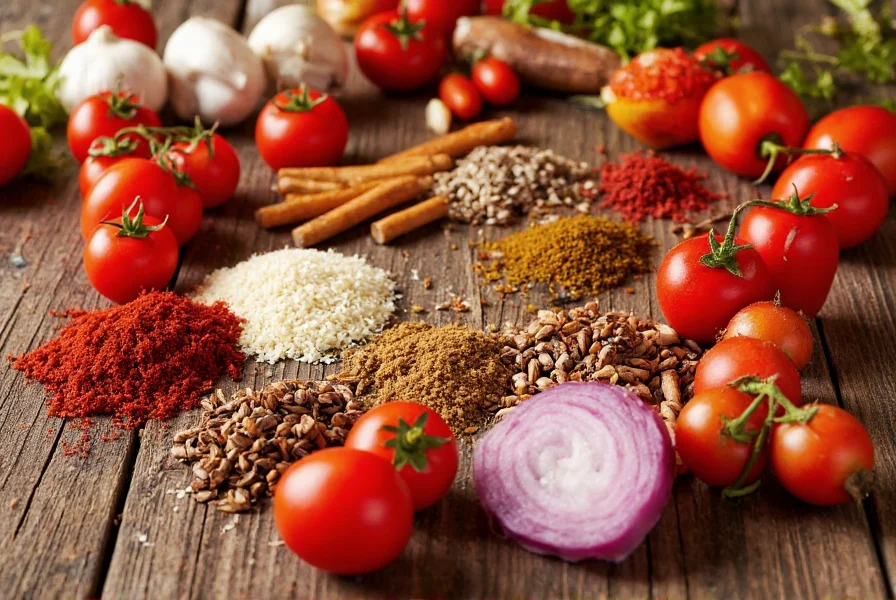 Colorful array of fresh chili ingredients including tomatoes, onions, garlic, and various spices arranged on wooden table