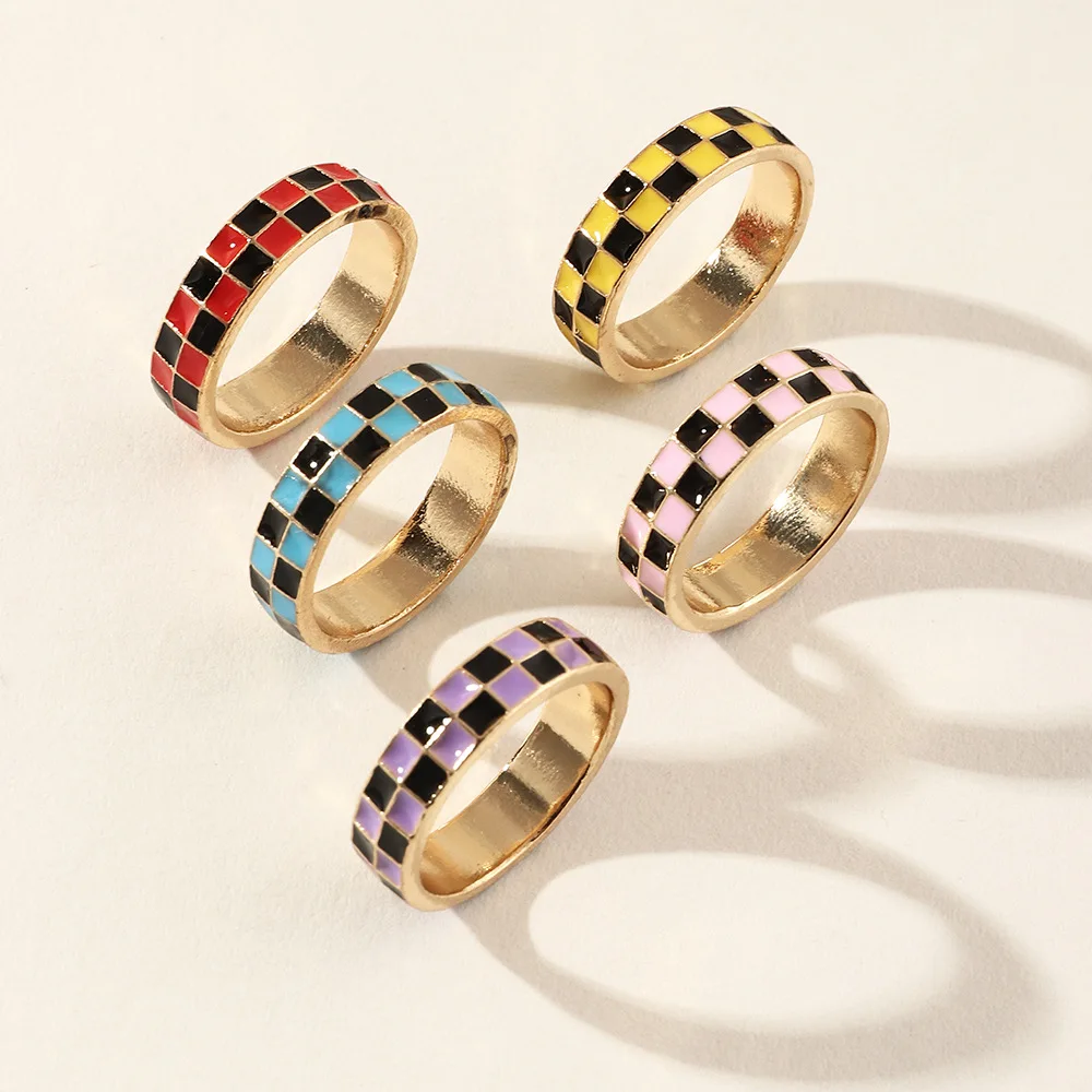 

Wholesale Fashion Simple Design Check Finger Jewelry Colorful Minimalist Oil gold Ring For Girls